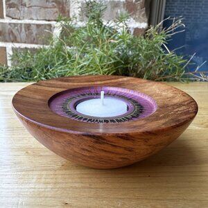 Vintage‎ New Zealand Rimu Wood Tea Light Candle Holder Signed 4.75" Diameter
